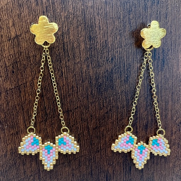 Delicate Gold Floral Dangle Earrings - Cute Beaded Flower Earrings - Picture 11 of 13